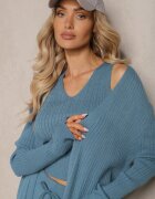  Set Tricotat Albastru Pantaloni Lărgi Bluză și Cardigan Deschis Irithaele