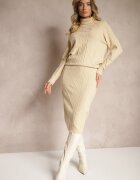  Set tricotat bej deschis cu Fustă mulată și Pulover cu Guler înalt cu Model împletit Sintria