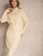  Set tricotat bej deschis cu Fustă mulată și Pulover cu Guler înalt cu Model împletit Sintria