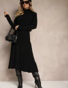  Set Tricotat Negru cu Imprimeu în Relief Pulover cu Semiguler și Fustă Cloș Evaldira