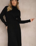  Set Tricotat Negru cu Imprimeu în Relief Pulover cu Semiguler și Fustă Cloș Evaldira