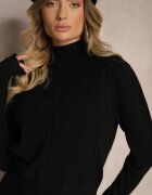  Set Tricotat Negru cu Imprimeu în Relief Pulover cu Semiguler și Fustă Cloș Evaldira