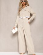  Set Utility Bej cu Cămașă Scurtă și Pantaloni Largi cu Elastic în Talie Ondina