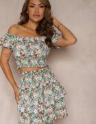  Set Verde Bluză cu Decolteu Spaniol Fustă Cloș cu Elastic în Talie Dimonnda