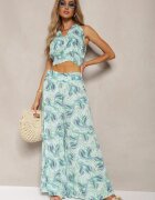  Set Verde Boho din Bumbac Top Scurt cu Bretele și Elastic Pantaloni Largi Rasida