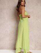  Set Verde din 2 piese Top lung și Pantaloni cu elastic în talie și picioare largi Bincina