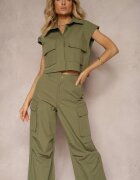  Set Verde din Bumbac Pantaloni stil Cargo Cămașă cu nasturi cu Buzunare Dimnas