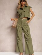  Set Verde din Bumbac Pantaloni stil Cargo Cămașă cu nasturi cu Buzunare Dimnas