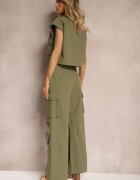  Set Verde din Bumbac Pantaloni stil Cargo Cămașă cu nasturi cu Buzunare Dimnas