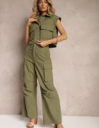  Set Verde din Bumbac Pantaloni stil Cargo Cămașă cu nasturi cu Buzunare Dimnas