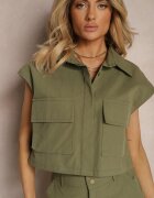  Set Verde din Bumbac Pantaloni stil Cargo Cămașă cu nasturi cu Buzunare Dimnas