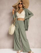  Set Verde Din viscoză Pantaloni cu picioare largi și cu elastic în talie Cămașă cu nasturi Tinamars