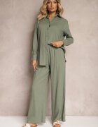  Set Verde Din viscoză Pantaloni cu picioare largi și cu elastic în talie Cămașă cu nasturi Tinamars