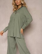  Set Verde Din viscoză Pantaloni cu picioare largi și cu elastic în talie Cămașă cu nasturi Tinamars