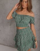  Set Verde Floral 2 Piese Top Stil Carmen și Fustă cu Volănaș Crispa