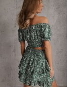  Set Verde Floral 2 Piese Top Stil Carmen și Fustă cu Volănaș Crispa