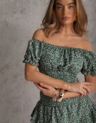 Set Verde Floral 2 Piese Top Stil Carmen și Fustă cu Volănaș Crispa