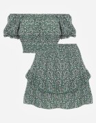  Set Verde Floral 2 Piese Top Stil Carmen și Fustă cu Volănaș Crispa