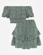  Set Verde Floral 2 Piese Top Stil Carmen și Fustă cu Volănaș Crispa