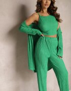  Set Verde închis cu Striatii Decorative cu Cămașă cu Top și Pantaloni Raliva