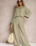  Set Verde închis din Viscoză Bluză cu croi tip liliac și Pantaloni largi Qadrina