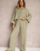 Set Verde închis din Viscoză Bluză cu croi tip liliac și Pantaloni largi Qadrina
