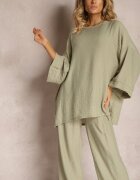  Set Verde închis din Viscoză Bluză cu croi tip liliac și Pantaloni largi Qadrina