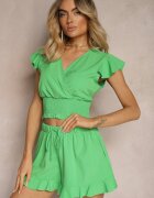  Set Verde Top Scurt cu Talie Încrețită Pantaloni Scurți cu Volan și Elastic în Talie Nestasie
