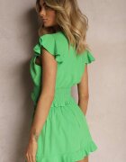  Set Verde Top Scurt cu Talie Încrețită Pantaloni Scurți cu Volan și Elastic în Talie Nestasie