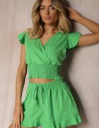  Set Verde Top Scurt cu Talie Încrețită Pantaloni Scurți cu Volan și Elastic în Talie Nestasie
