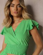  Set Verde Top Scurt cu Talie Încrețită Pantaloni Scurți cu Volan și Elastic în Talie Nestasie