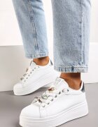 Sneakers Alb-Argintii cu platformă decorați cu aplicații detașabile din zirconiu Neishi