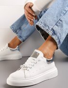 Sneakers Alb-Argintii cu Zirconii pe Limbă și Aplicație Bijuterie Detașabilă pe Șireturi Coletti