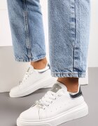  Sneakers Alb-Argintii cu Zirconii pe Limbă și Aplicație Bijuterie Detașabilă pe Șireturi Coletti