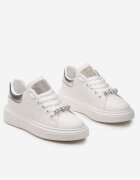  Sneakers Alb-Argintii cu Zirconii pe Limbă și Aplicație Bijuterie Detașabilă pe Șireturi Coletti