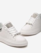  Sneakers Alb-Argintii cu Zirconii pe Limbă și Aplicație Bijuterie Detașabilă pe Șireturi Coletti