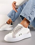  Sneakers Alb-Gri cu Inserții Metalice pe Talpă Groasă Amoone