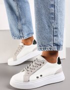  Sneakers Alb-Gri cu Inserții Metalice pe Talpă Groasă Amoone