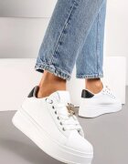  Sneakers Alb-Negru din Imitație de Piele cu Platformă cu Decorație din Strasuri Imbercca