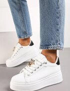  Sneakers Alb-Negru din Imitație de Piele cu Platformă cu Decorație din Strasuri Imbercca