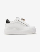  Sneakers Alb-Negru din Imitație de Piele cu Platformă cu Decorație din Strasuri Imbercca