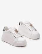  Sneakers Alb-Negru din Imitație de Piele cu Platformă cu Decorație din Strasuri Imbercca