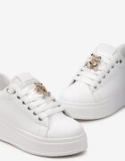  Sneakers Alb-Negru din Imitație de Piele cu Platformă cu Decorație din Strasuri Imbercca