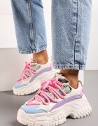  Sneakers Alb-Roz cu Șireturi Groase pe Platformă Joasă Lasandre