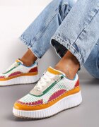  Sneakers Alb-Verzi cu platformă decorați cu nituri și inserții patchwork Jeneria