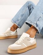  Sneakers Bej-Alb cu Talpă Plată Decorați cu Cusături și Perforații Nealiora