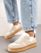  Sneakers Bej-Alb cu Talpă Plată Decorați cu Cusături și Perforații Nealiora