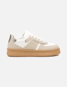 Sneakers Bej-Alb cu Talpă Plată Decorați cu Cusături și Perforații Nealiora