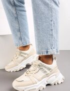  Sneakers bej cu șireturi cu talpă groasă cu inserții și sclipici Widgeta