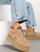  Sneakers Bej închis din piele intoarsă ecologică pe talpă groasă căptușite cu blană Senavel